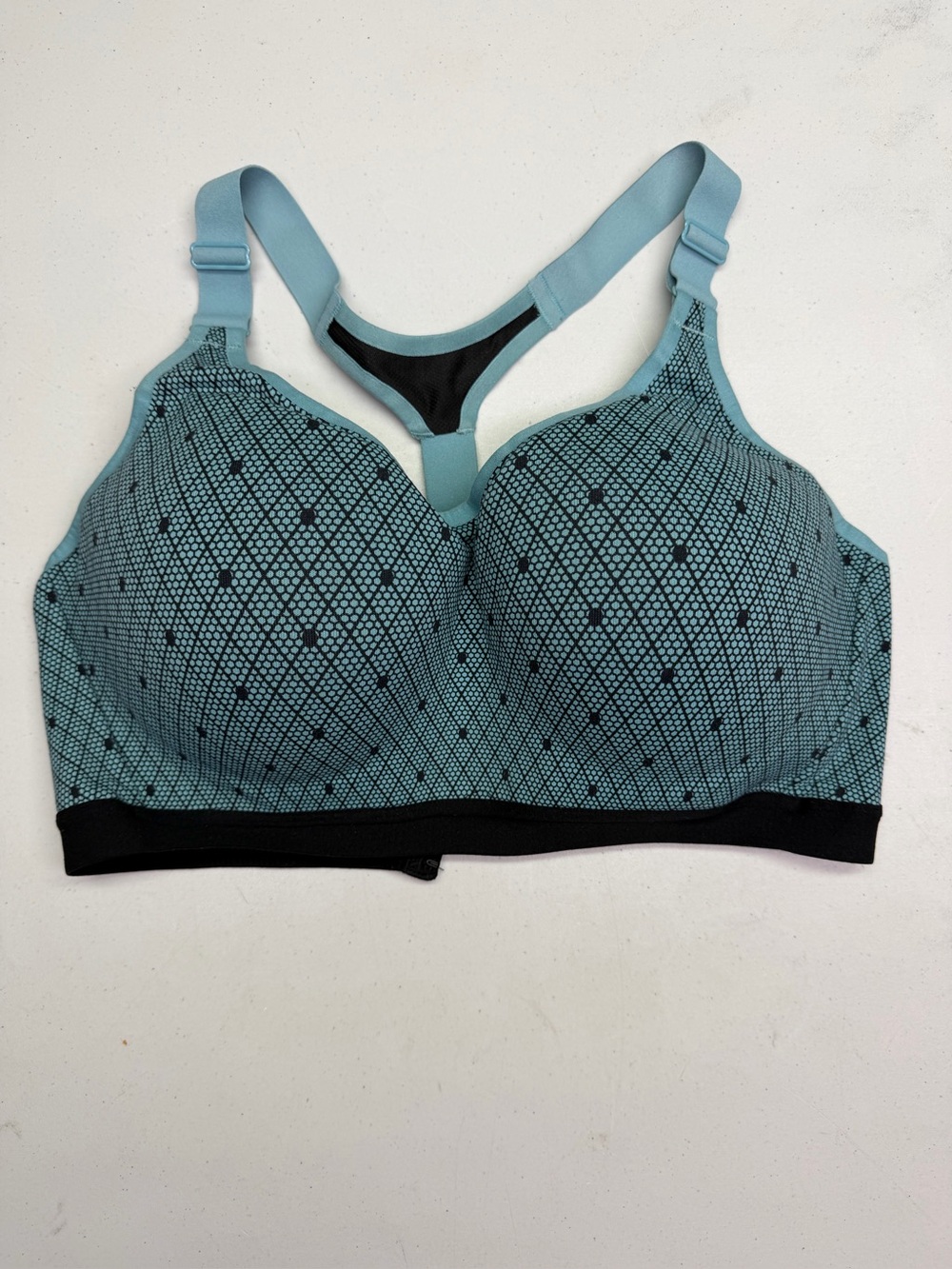 VS Incredible Sport Bra 36DD Blue Black Fishnet Dot Racerback *P1047